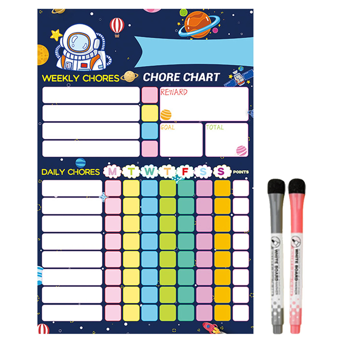 A magnetic weekly chore chart for kids with sections for daily chores and rewards.