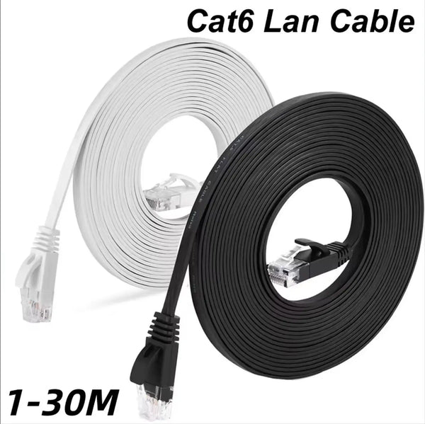 A roll of black Cat6 LAN cable with connectors, shown next to a roll of white Cat6 LAN cable.