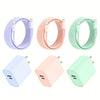 A set of four 40W dual port USB-C fast chargers in lavender, pink, mint green, and light green colors with 6ft Lightning cabl