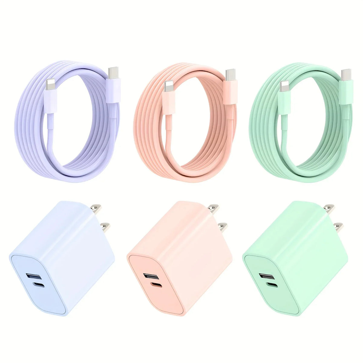 A set of four 40W dual port USB-C fast chargers in lavender, pink, mint green, and light green colors with 6ft Lightning cabl