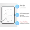 A display shows three lines demonstrating different types of screen protectors: Glass Film, General Matte Film, and Paper Fee