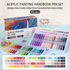 A box set of 72 acrylic painting gel pens with various colors and a push-button design displayed next to the pens.