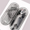 A set of professional drafting tools including a compass, ruler, and pen displayed in a clear plastic case.