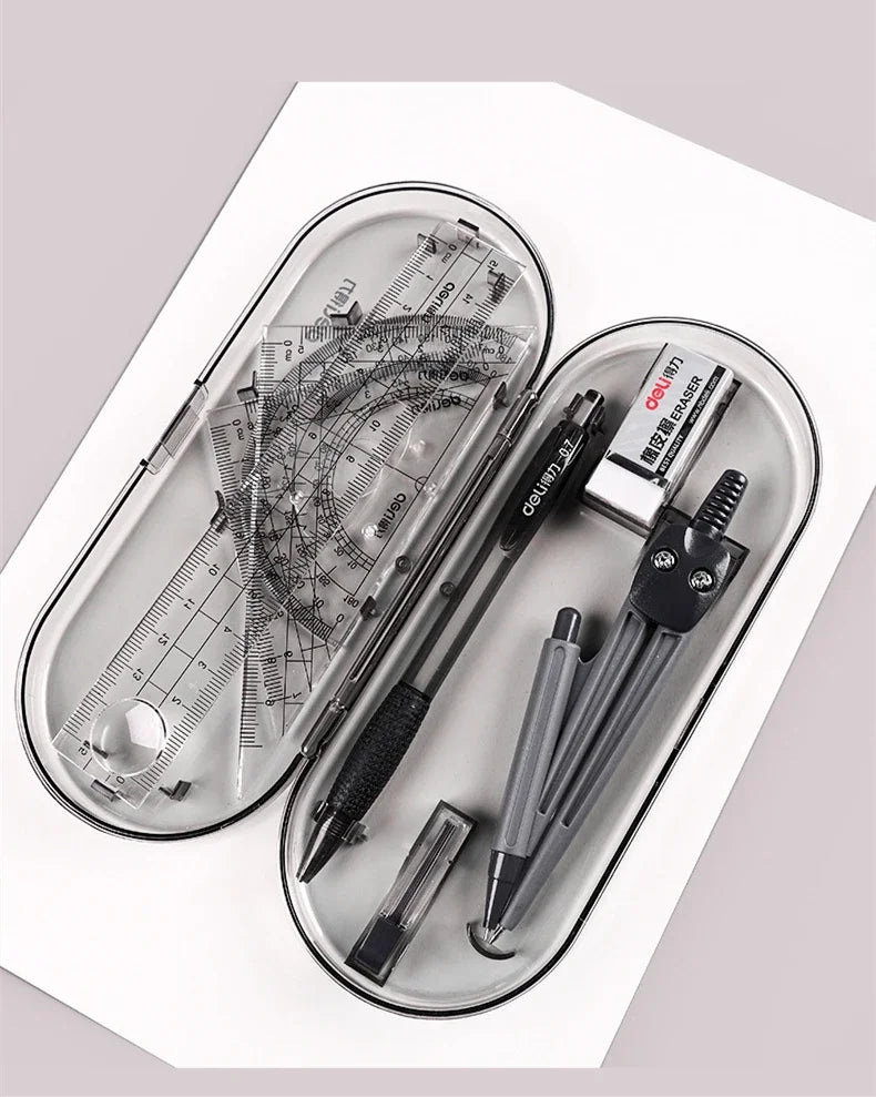 A set of professional drafting tools including a compass, ruler, and pen displayed in a clear plastic case.