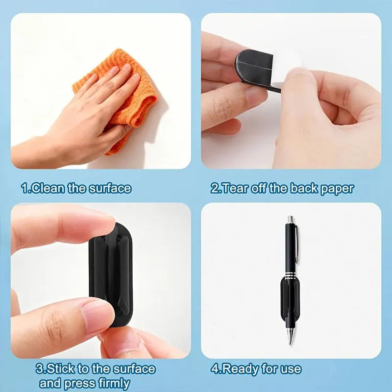 Instructions showing how to use a self-adhesive silicone pen holder by cleaning the surface, tearing off the back paper, stic