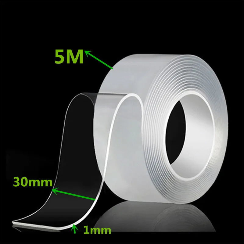 Roll of clear double-sided nano tape with a 30mm width and 1mm thickness shown on a dark background.