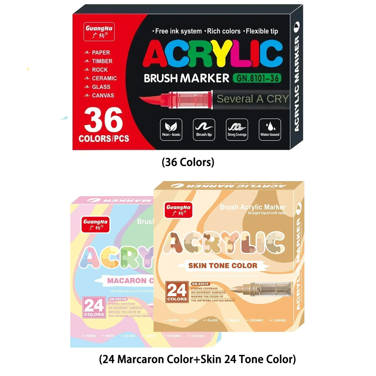 A set of acrylic brush markers including a 36 color set and a 24 Marcaron color plus a skin tone color