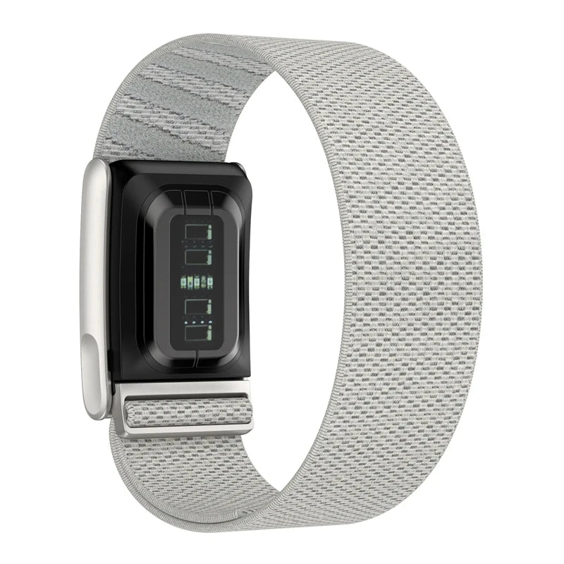 A silver and gray braided nylon watch band for a Whoop 5.0 fitness tracker.