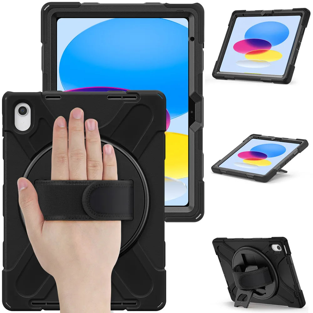 A black universal shockproof silicone case for an iPad is shown with various angles and a hand demonstrating its fit.