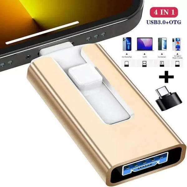 A gold-colored 4-in-1 USB 3.0 OTG adapter featuring multiple connectors for iPhone, Android, and computers.