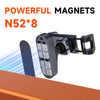 A black magnetic phone holder with an adjustable clamp is shown mounted on a wooden surface.
