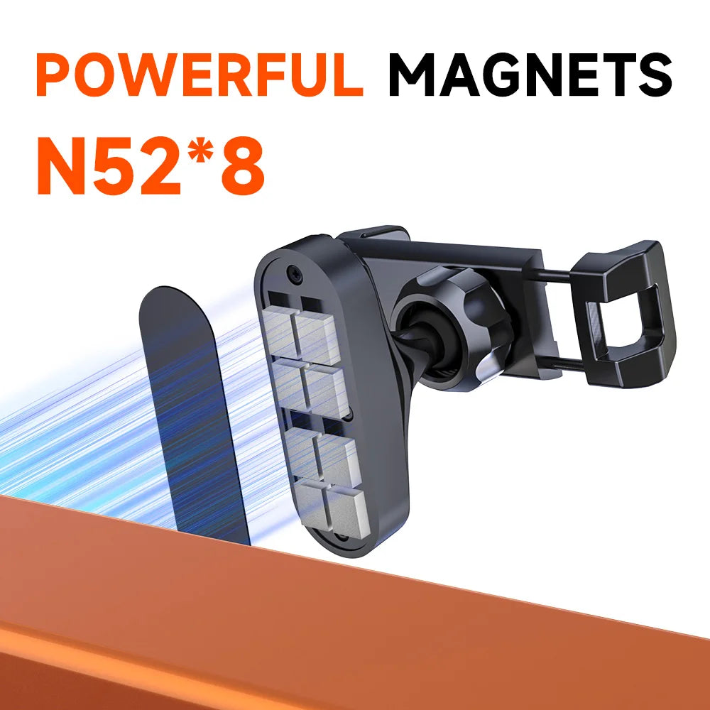 A black magnetic phone holder with an adjustable clamp is shown mounted on a wooden surface.