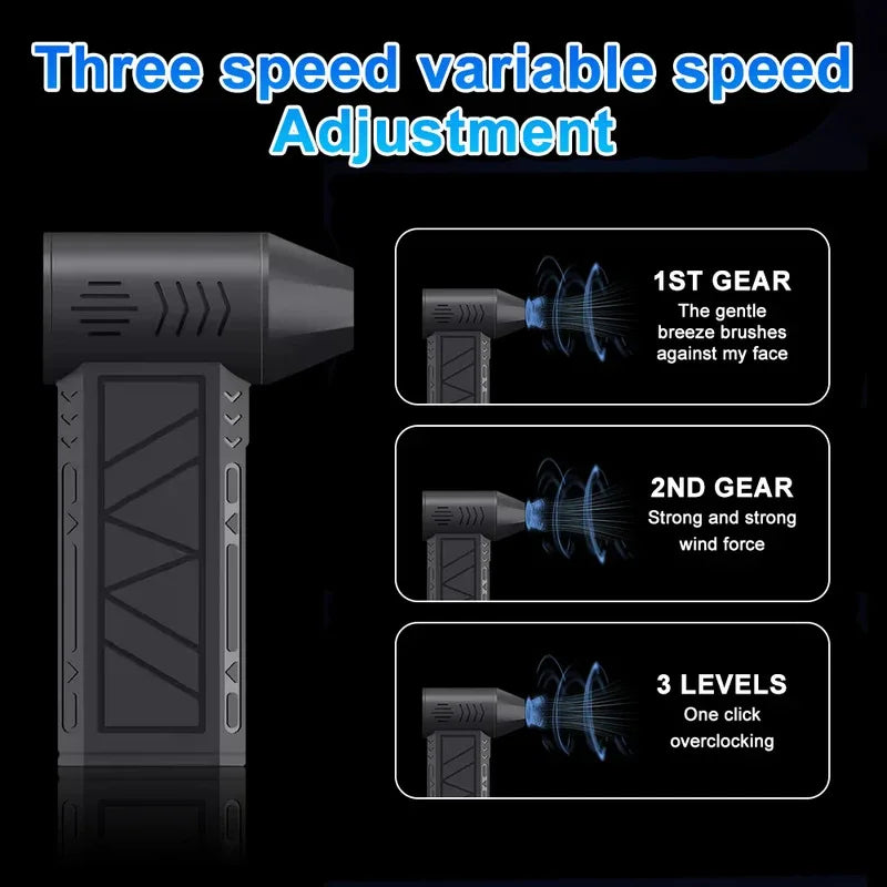 Diagram showing three speed adjustments for a handheld dust blower, labeled 1st gear, 2nd gear, and 3 levels.