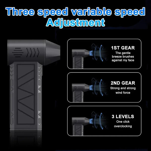 Diagram showing three speed adjustments for a handheld dust blower, labeled 1st gear, 2nd gear, and 3 levels.