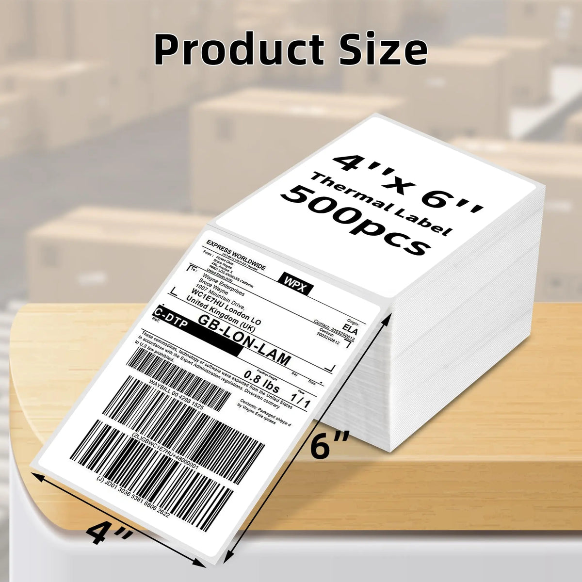 A stack of 500 thermal shipping labels measuring 4x6 inches is shown on a wooden surface.