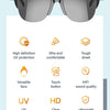 A pair of black sunglasses shown with features like UV protection, high definition vision, and impact resistance.