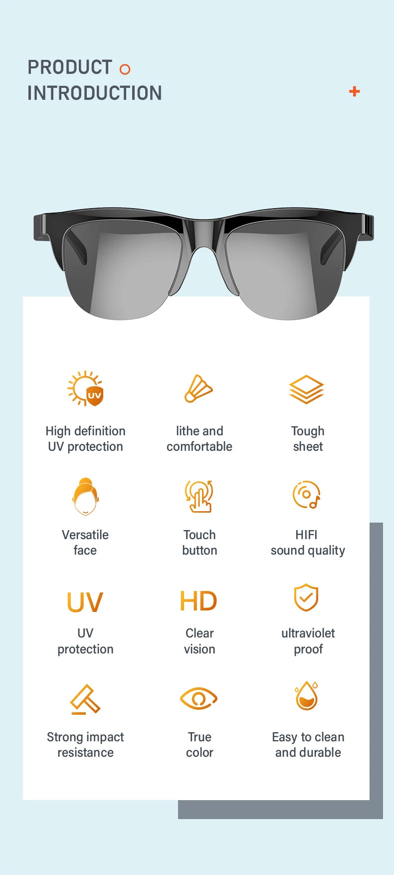 A pair of black sunglasses shown with features like UV protection, high definition vision, and impact resistance.