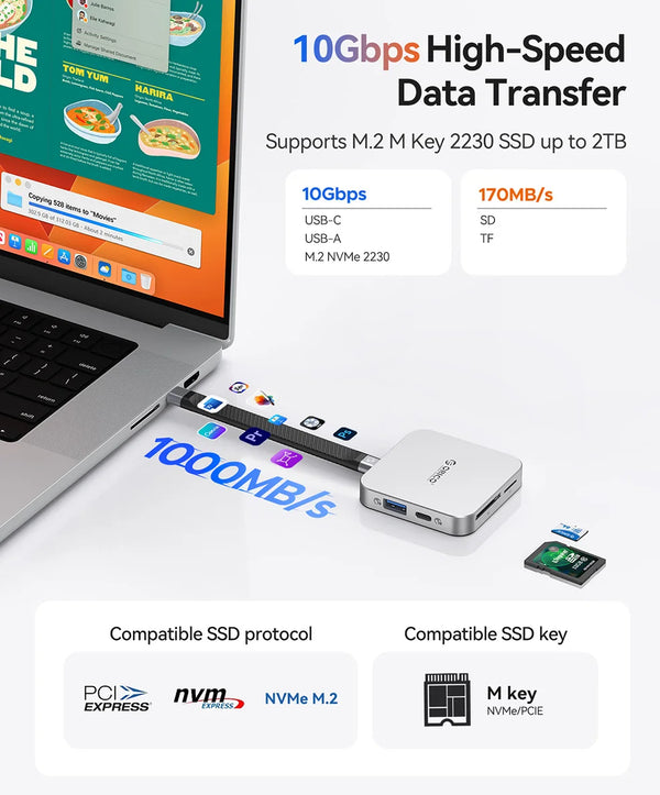 Un dock hub para SSD NVMe de alta velocidad a USB, junto a una laptop, ilustrando capacidad de transferencia de datos de 10Gb