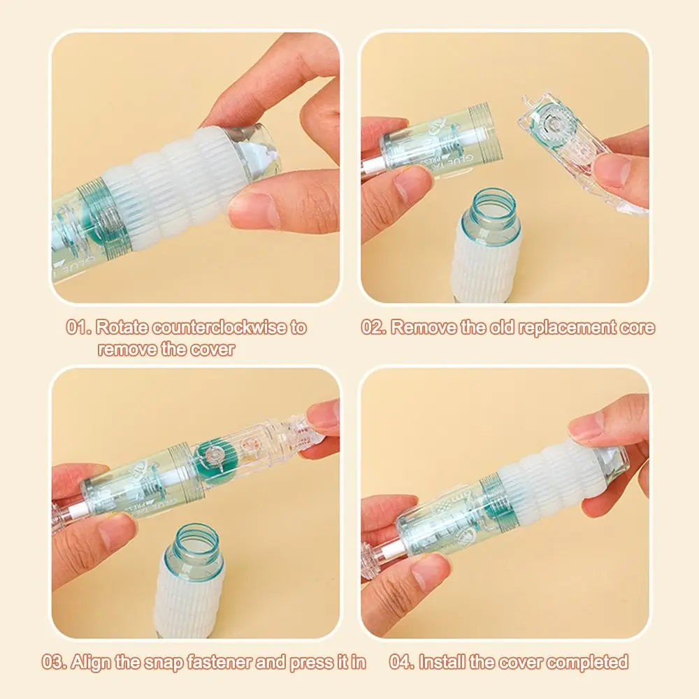 Step-by-step instructions showing how to remove and install the cover on a double sided quick dry dot glue pen