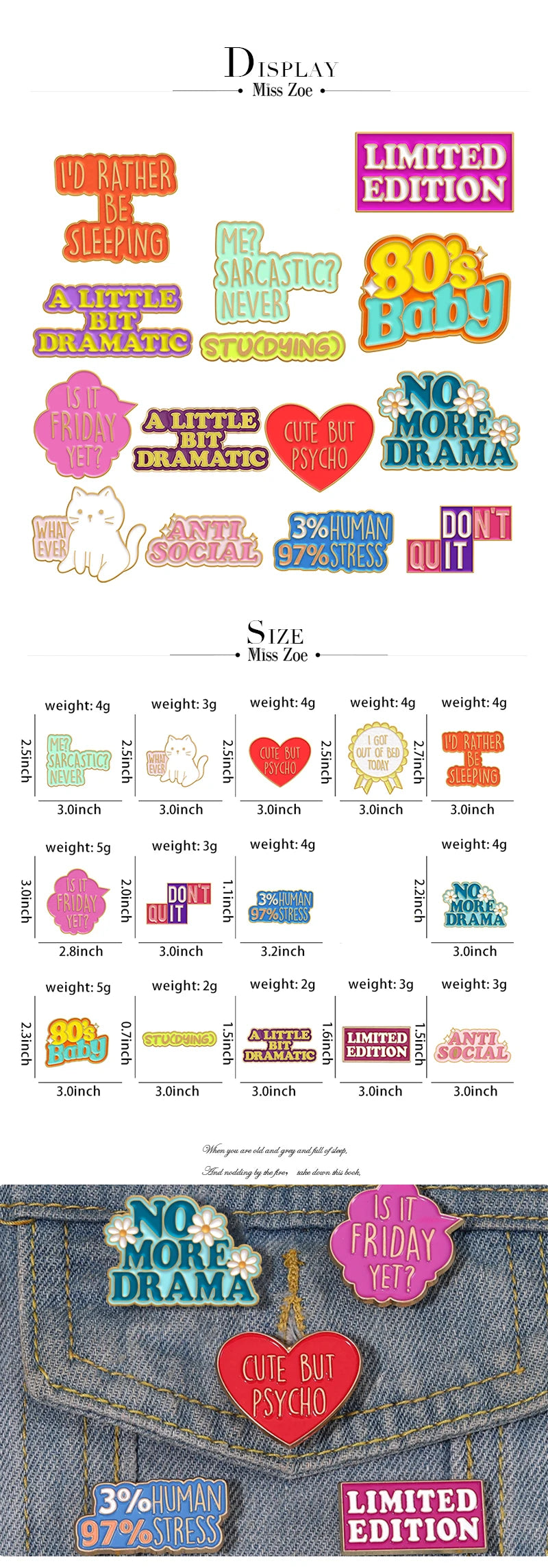 A collection of enamel pins featuring humorous phrases like I'd rather be sleeping and limited edition