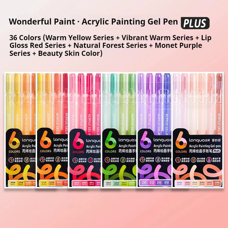 A set of 36 multi-color acrylic painting gel pens organized by series including Warm Yellow, Vibrant Warm, Lip Gloss Red, Nat