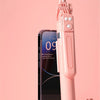 A pink photography selfie stick is shown next to a smartphone, demonstrating its use for self-photography.