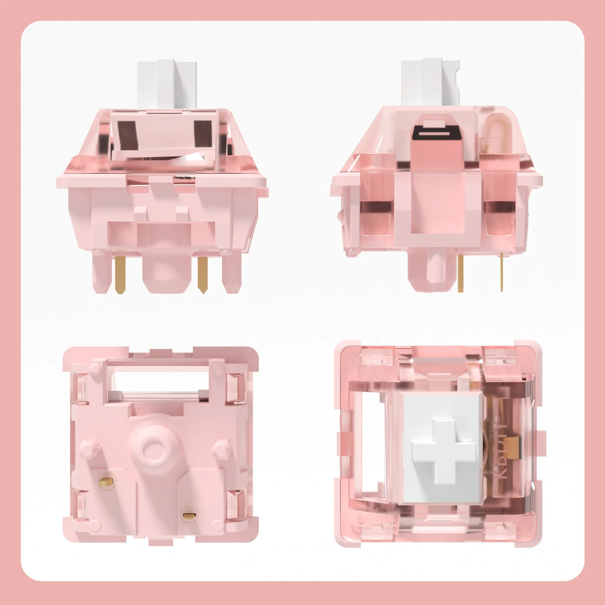 Pink linear mechanical keyboard switches shown in various forms and angles