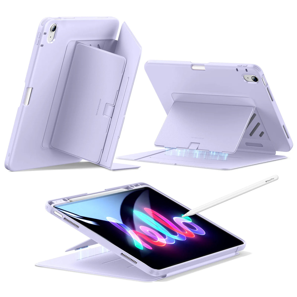 A white magnetic folio case for an iPad Air shown in various angles.