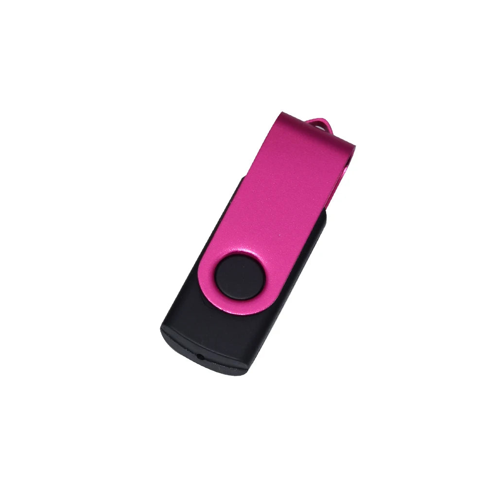 A pink and black rotatable USB flash drive with a circular button.