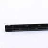 A close-up view of a black aluminum triangular scale ruler with metric markings.