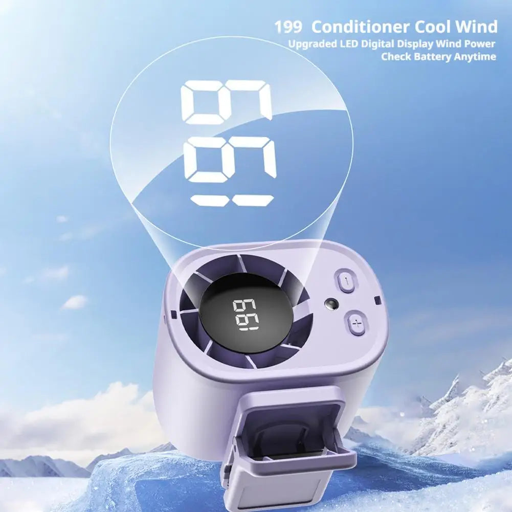 A white USB clip-on cooling fan with an LED display is shown against a snowy, outdoor background.