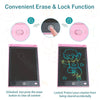 Pink portable drawing tablet showing an unlocked screen and a locked screen with a drawing on it.