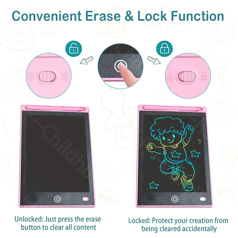 Pink portable drawing tablet showing an unlocked screen and a locked screen with a drawing on it.
