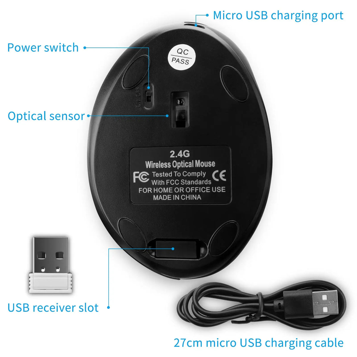 Black wireless optical mouse with a micro USB charging port and cable shown next to the device.