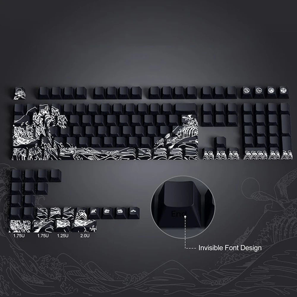 A close-up view of translucent Ukiyo-e style keycaps for a mechanical keyboard, featuring intricate black and white patterns.