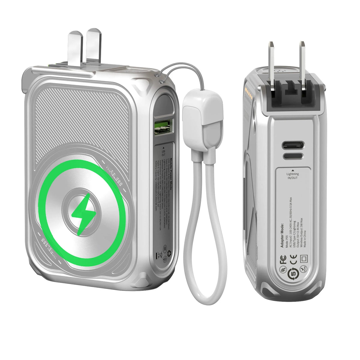 A silver magnetic wireless power bank with built-in cables and a foldable plug is shown.