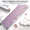 Close-up of a purple and pink translucent mechanical keyboard featuring cat eye stone themed keycaps
