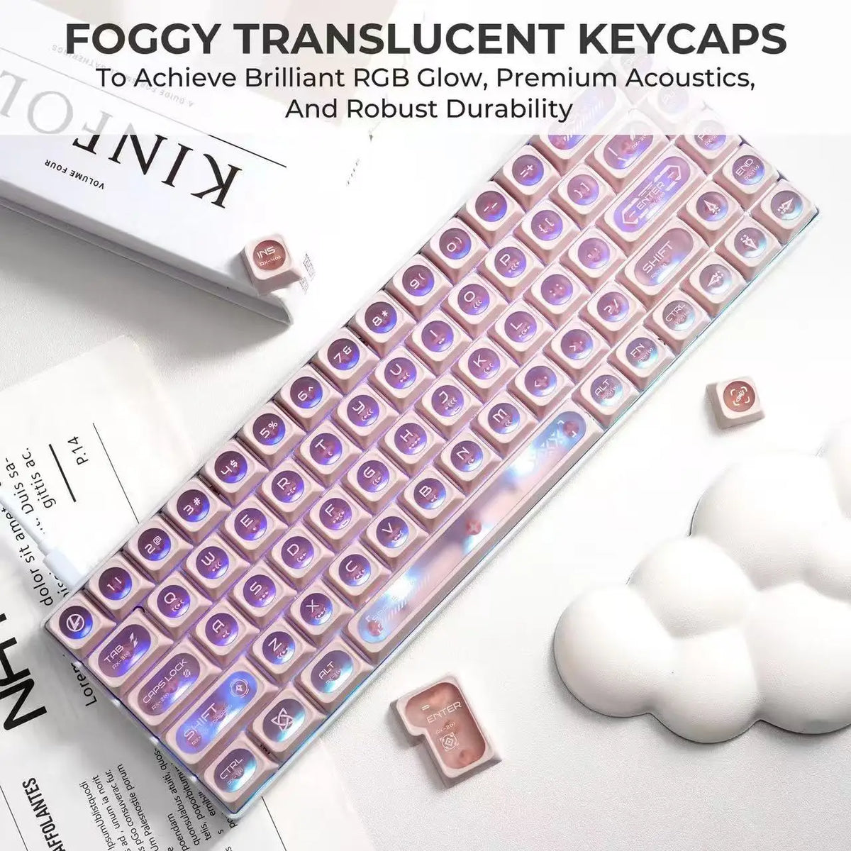 Close-up of a purple and pink translucent mechanical keyboard featuring cat eye stone themed keycaps