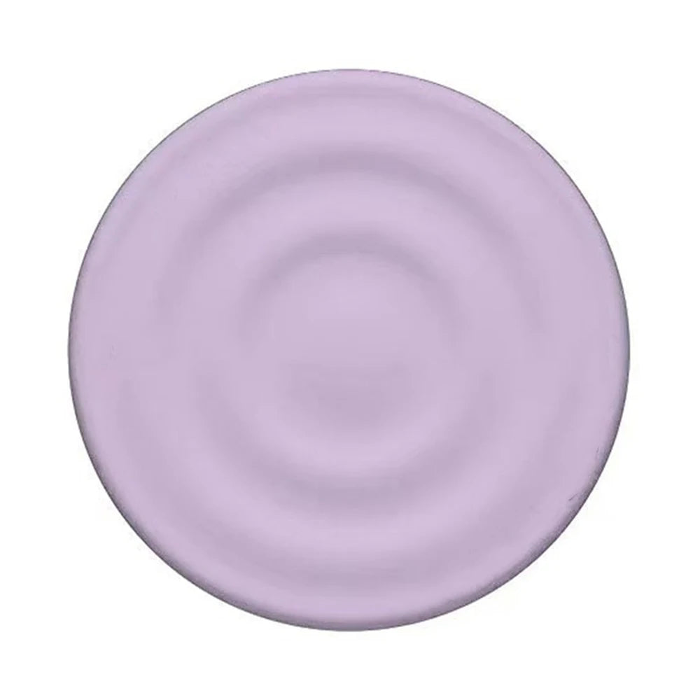 A round, lavender silicone ripple grip magnetic phone stand.