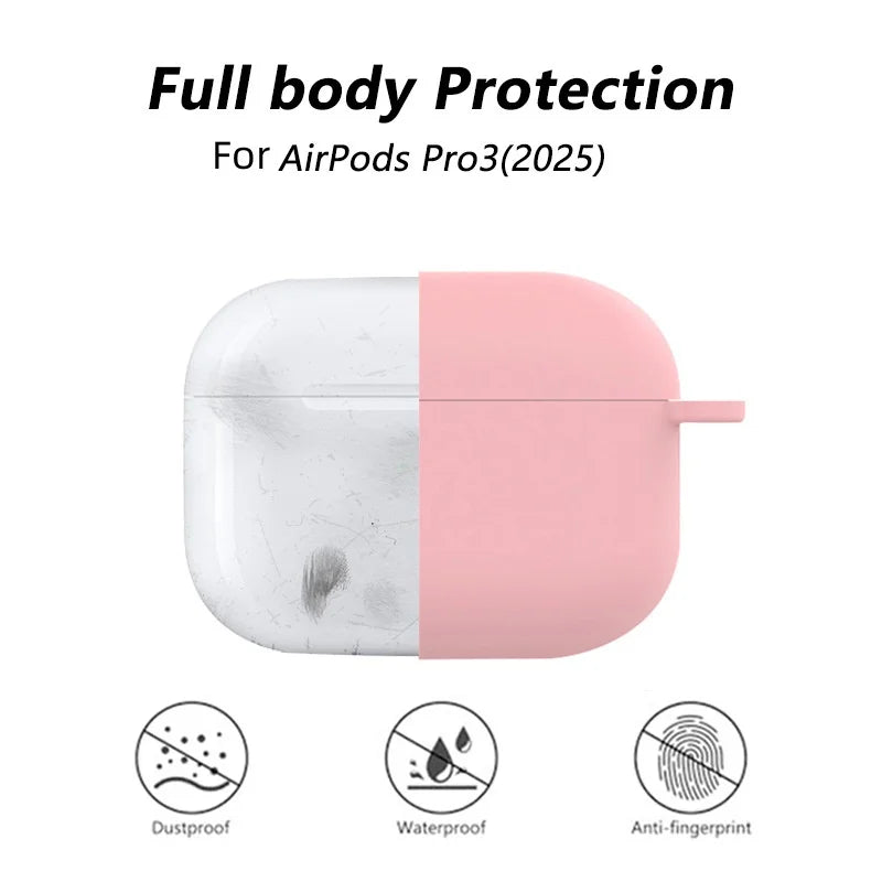 A soft silicone protective case for AirPods Pro 3 shown in white and pink colors with features like dustproof, waterproof, an