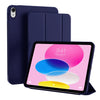 Funda magnética plegable azul oscuro para iPad, mostrada junto a la tableta.