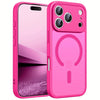 A pink magnetic wireless charging lens protector case for an iPhone, showing the front and back views.