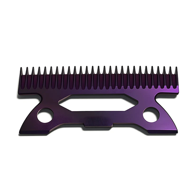 A close-up view of a purple professional cordless hair clipper with precision fade blades.