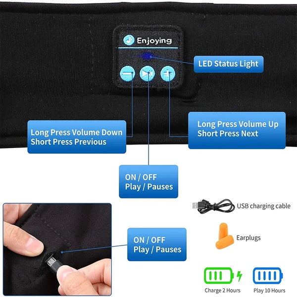 سماعات رأس رياضية ونوم لاسلكية سوداء مع ضوء حالة LED وكابل شحن USB