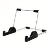 A foldable aluminum stand designed to hold a tablet or laptop.