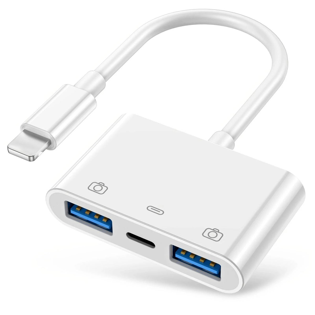A white universal adapter with a flexible cable, featuring two USB ports for data transfer.