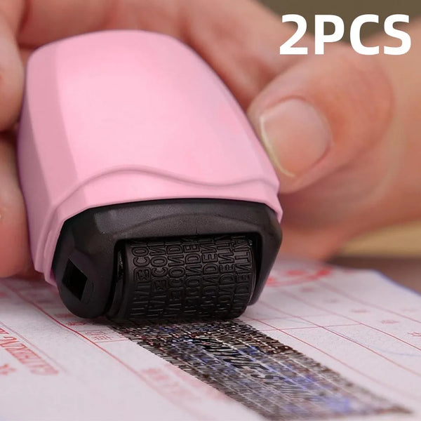 Two pink roller stamps are shown being used on a document.