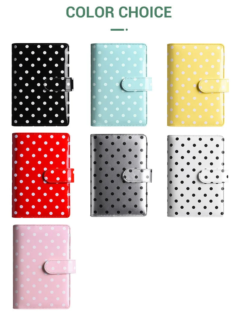 A collection of reusable PU leather binders featuring various colors and polka dot patterns.