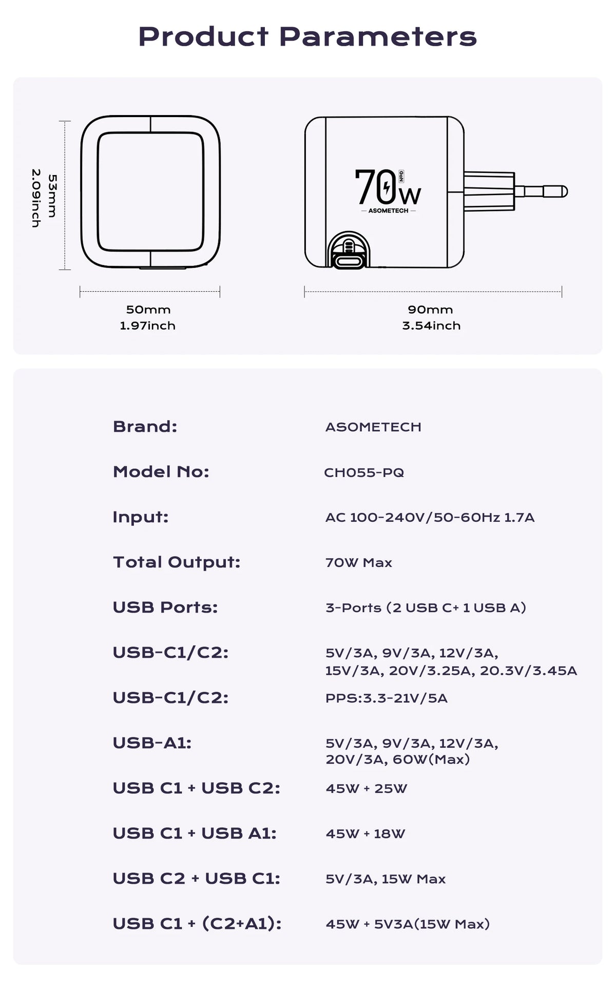 Product parameters and specifications for a 70W GaN fast charger with retractable USB-C cable.
