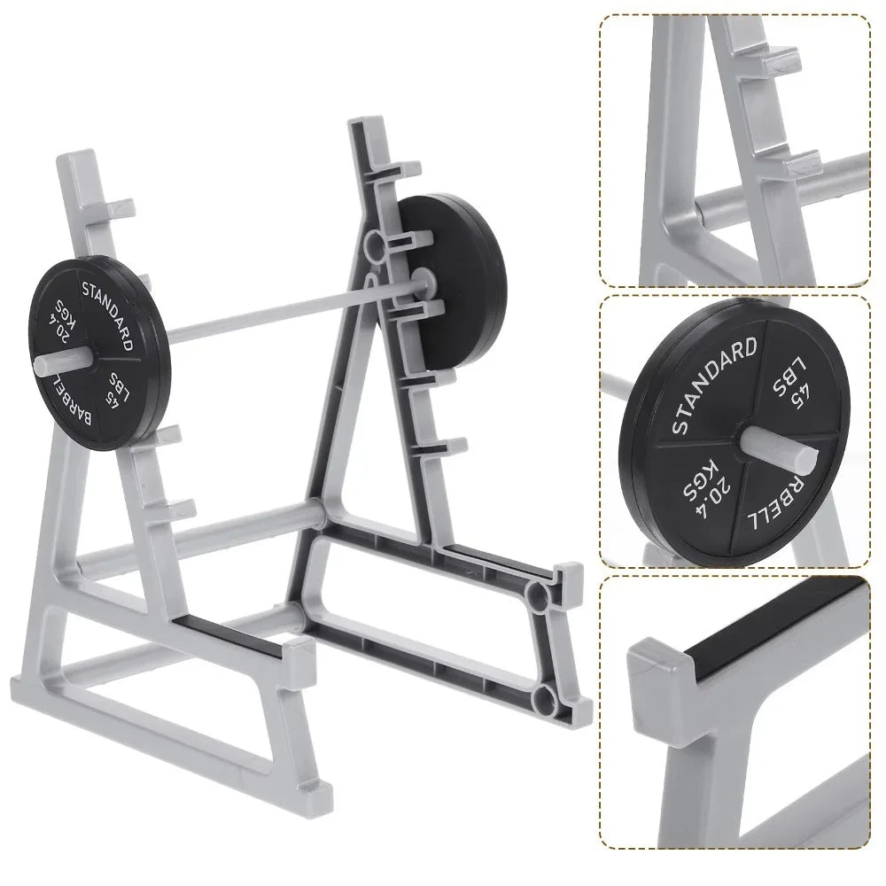 A silver barbell rack with weight plates and a pen holder organizer shown in various angles.